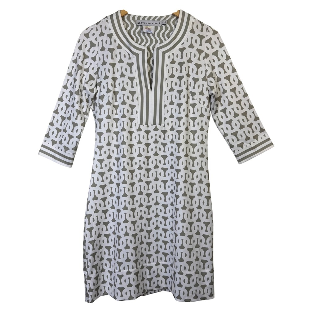 Gretchen Scott XS Dress Gray White Geometric Print 3/4 Sleeve Classic Luxe *Read